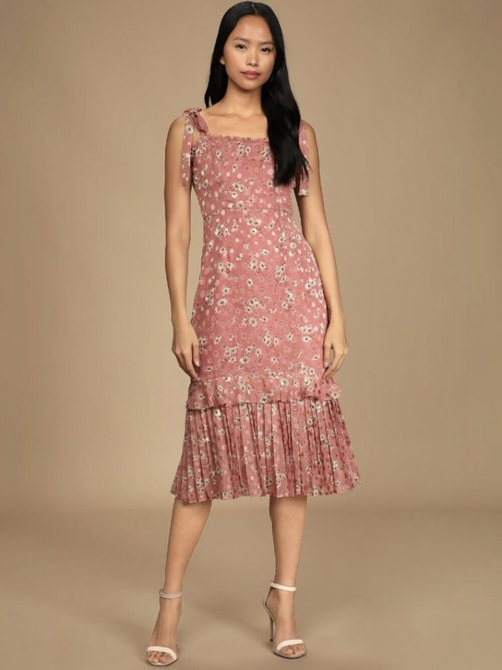 NWT Lulus Terrace Views Mauve Pink Floral Print Tiered Midi Dress (size S)